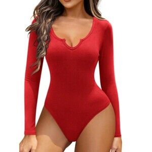 Zeagoo Women's Long Sleeve Bodysuit Sexy V Neck Red  Body Suit Size L